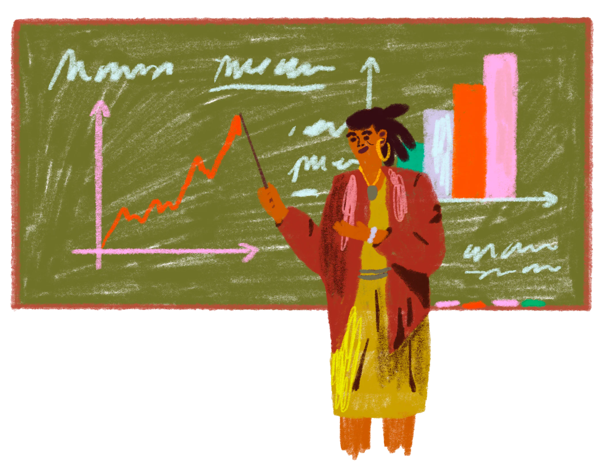 An educator presenting a rising growth chart on a chalkboard